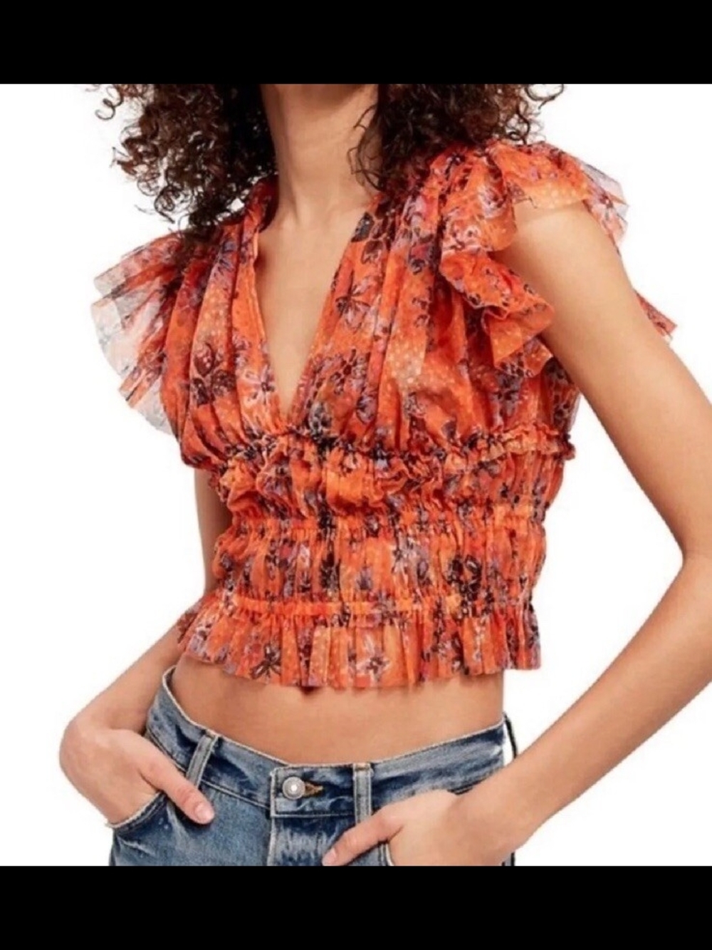 Free People Orange Floral Ruffled V-Neck Smocked Crop Top